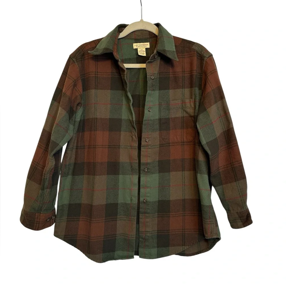 LIMITED Chinos Flannel Shirt Mens XS Green Brown Plaid Cotton Button Front - Picture 4 of 7